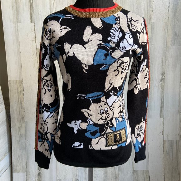 MARK & LONA Size Small Pullover Sweater Three Little Pigs Print Gold Sleeve - Picture 1 of 9